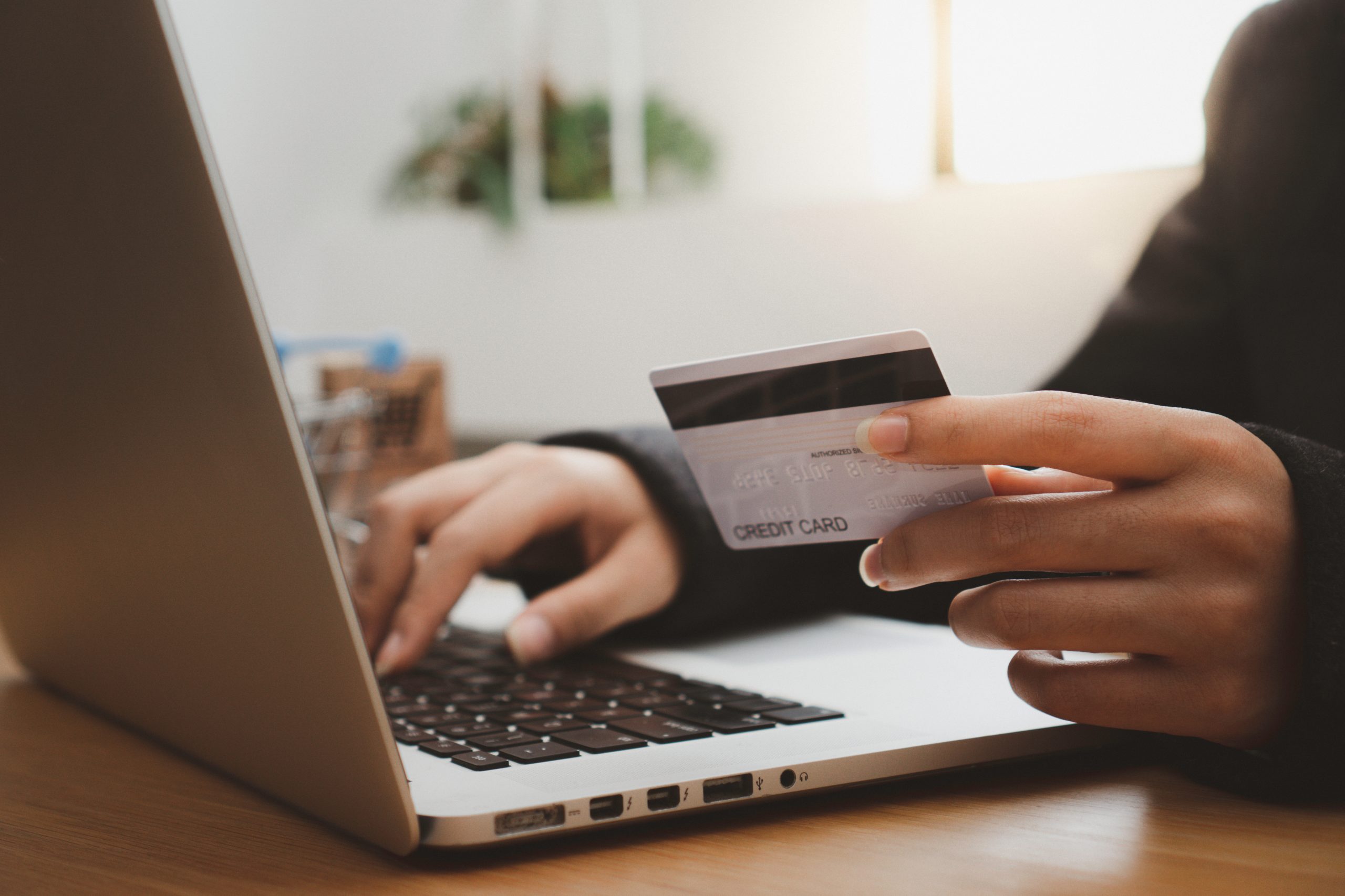 Paguei minhas dívidas mas não consigo crédito - Pessoa mexendo no computador com cartão de crédito